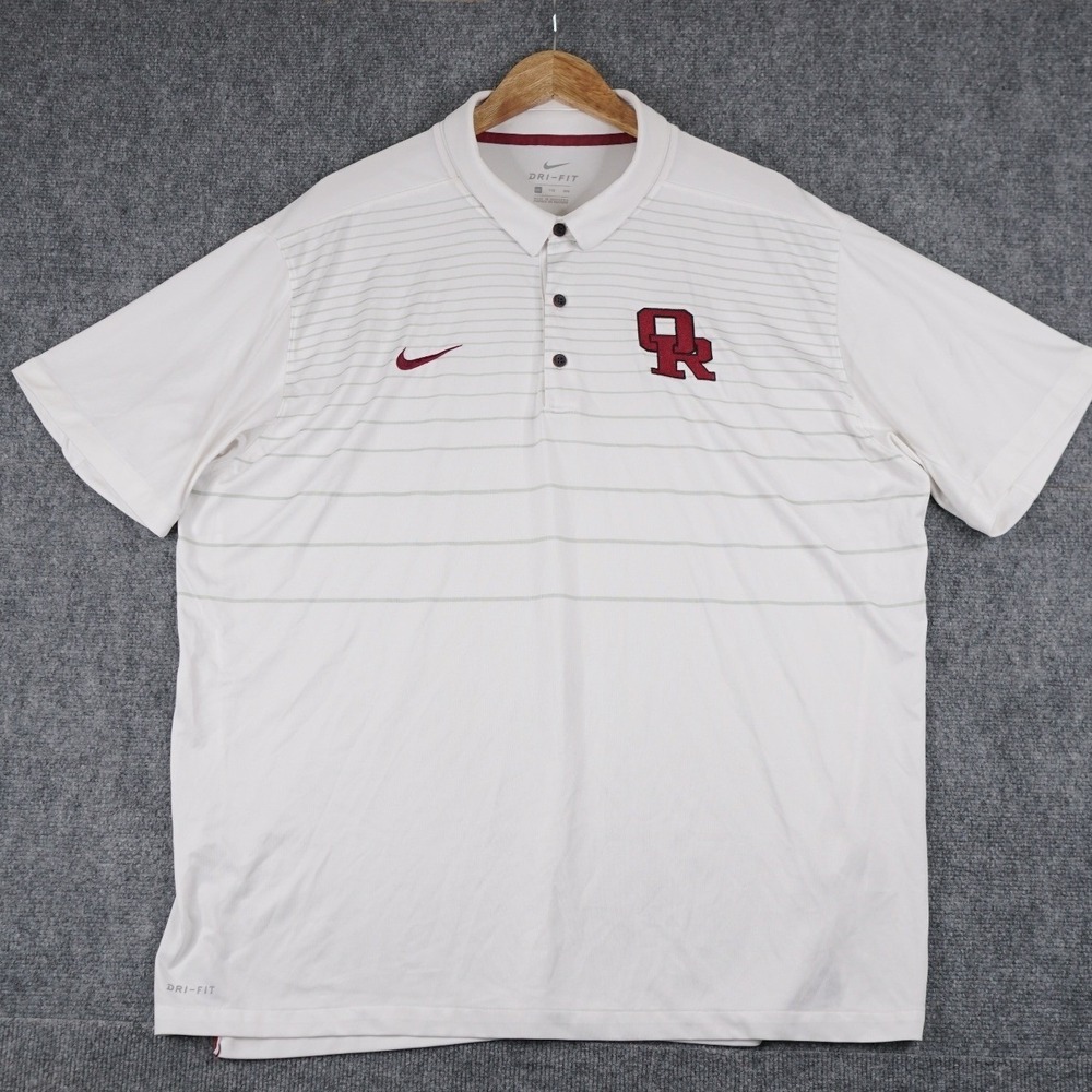 Nike Dri-FIT Men XXL White Striped Polo Shirt OR Logo Maroon Swoosh Short Sleeve